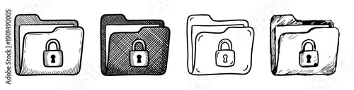 Hand drawn locked folder icons with padlocks in a doodle sketch style, a set of four black and white illustrations representing data security, privacy, and file protection