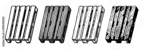 Collection of four wooden cargo pallets rendered in different black and white artistic techniques, showcasing line drawing, crosshatch shading, and a bold woodblock style