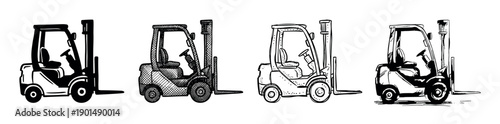 Four hand-drawn forklift truck illustrations presented in a variety of black and white graphic styles, including silhouette, crosshatch, stipple, and ink sketch for industrial use