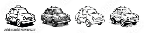 Four hand-drawn retro taxi cab illustrations in various sketch styles, including line art and cross-hatching, showing a collection of vintage public transport vehicles