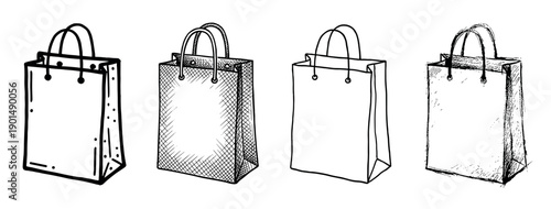 Four hand-drawn paper shopping bags in various sketch styles, including line art, cross-hatching, and doodle illustrations, showing a collection of retail packaging concepts
