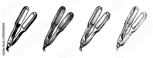 Set of four hand-drawn hair straighteners in various sketch styles, showing different hatching and line art techniques for a graphic design or beauty concept illustration