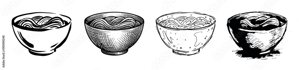 Obraz premium Four hand-drawn bowls of noodles in different artistic styles, including line art, engraving, sketch, and grunge ink wash for a creative food illustration set