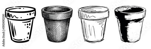Collection of four empty drinking glasses rendered in different black ink illustration techniques, from a rough sketch and crosshatch to a bold graphic and expressive line art