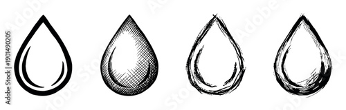 Set of four hand-drawn drop icons showing different artistic styles from clean outline to hatched sketch and rough brush stroke, representing water, oil, or liquid