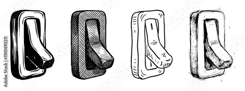 Collection of four hand-drawn toggle switches in various black and white sketch styles, featuring bold ink, cross-hatching, and doodle lines for a retro artistic feel