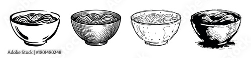 Four hand-drawn bowls of noodles in different artistic styles, including line art, engraving, sketch, and grunge ink wash for a creative food illustration set