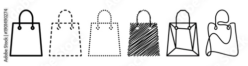 Set of six black shopping bag icons in various artistic styles including solid, dashed, dotted, scribble, geometric, and continuous line for retail and commerce concepts