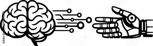 AI Brain Robotic Hand Connection Vector Icon, Minimalist Monochrome Technology and Innovation Concept