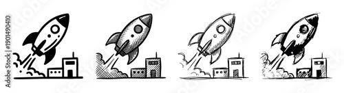 Set of four hand-drawn rocket launch illustrations in various sketch and doodle styles showing a spaceship taking off from a building, symbolizing a new business startup