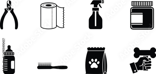Black and white of pet care and grooming tools nail clippers toilet paper roll spray bottle