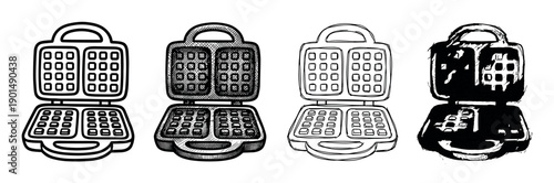 Four black and white waffle maker illustrations in a set, showcasing various hand-drawn graphic styles including clean line art, detailed hatching, and a bold silhouette