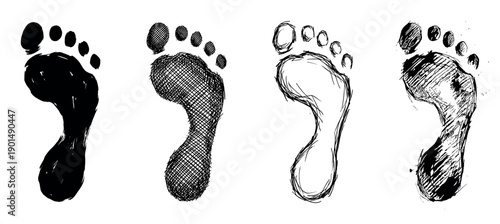 Four black hand-drawn human footprint illustrations in various artistic styles including silhouette, crosshatch, outline, and grunge sketch for a graphic design element