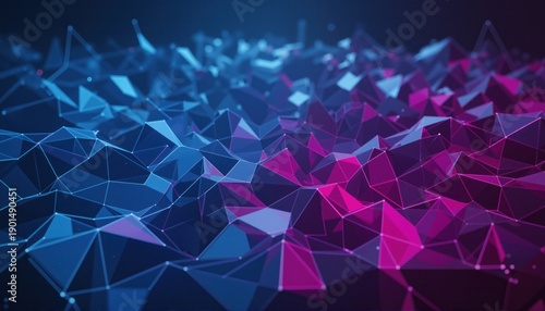 Futuristic digital backdrop with a network of glowing sapphire and magenta polygons.

