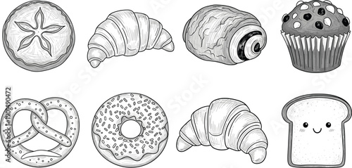 Black and white of various baked goods bread pastry croissant donut