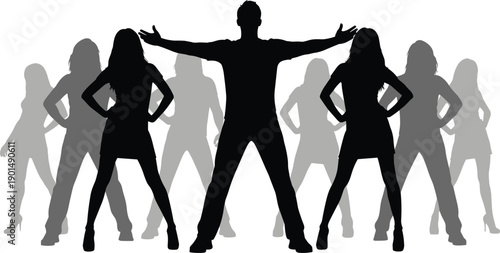 Black silhouette of man standing with arms outstretched between two women in front of gray silhouettes of people