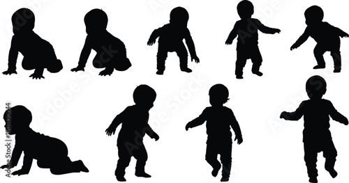 Black silhouettes of babies crawling and walking on white background baby 1