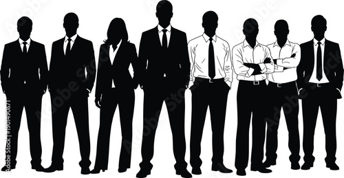 Black silhouettes of business people standing in a row white background