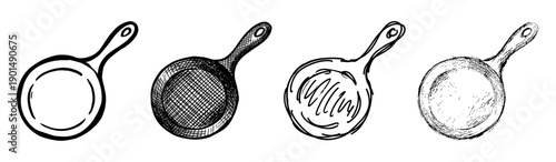 Set of four hand-drawn frying pans with different sketch textures, including cross-hatching, stippling, and scribbles, illustrating various artistic doodle styles for cookware