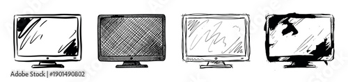 Four hand-drawn computer monitors in various sketch styles, including crosshatching and ink blots, creating a collection of monochrome doodle illustrations for technology concepts