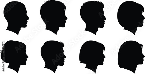 Black silhouettes of eight people facing right white background profile