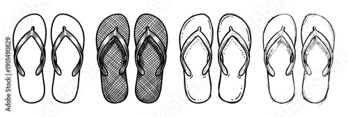 Four pairs of hand-drawn flip-flops in a black and white sketch style, showcasing a collection of summer beach sandals with various unique designs and textures