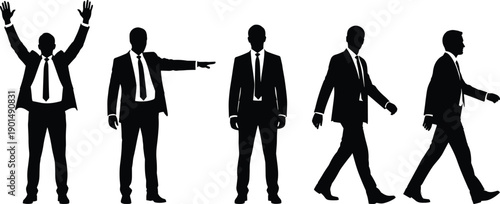 Black silhouettes of businessmen in various poses white background suits