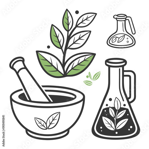 Mortar & Pestle with Flasks and Leaves - Herbal Science Icons


