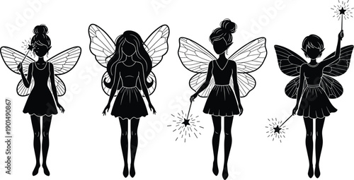 Black silhouettes of four fairies with wings and wands on white background fairy silhouettes black and white