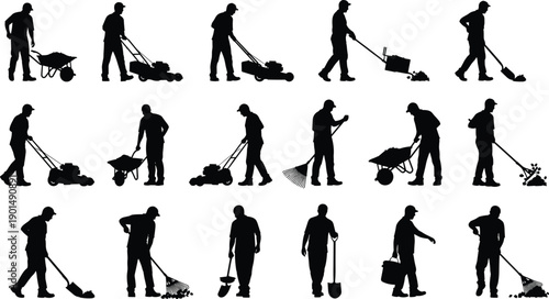 Black silhouettes of men performing gardening tasks with tools workers laborers