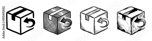 Four hand-drawn return package icons in various sketch styles showing a cardboard box with a curved arrow for e-commerce, delivery, and logistics concepts