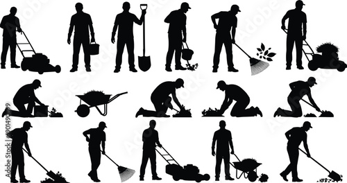 Black silhouettes of people doing gardening activities with tools gardeners landscaping