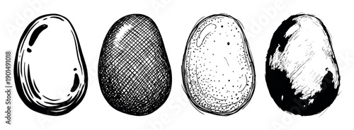 Four hand-drawn black and white eggs showcasing different artistic textures like cross-hatching, stippling, and grunge strokes in a graphic monochrome illustration set