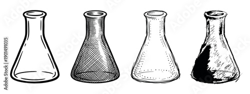 Four hand-drawn laboratory conical flasks in a set, showcasing different artistic illustration styles including outline, crosshatching, stippling, and a grunge ink sketch