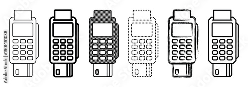 Set of six POS terminal icons presented in various artistic styles, including line art, grunge, dotted, and halftone, for illustrating electronic financial transactions