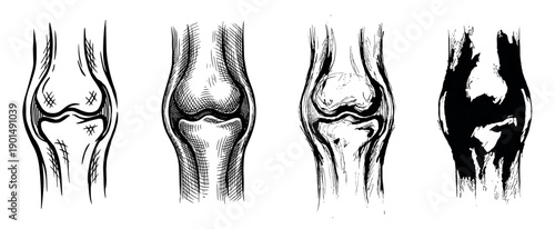 Set of four knee joint illustrations showing the progressive stages of arthritis, from healthy to severe degradation, in a black and white hand-drawn ink style