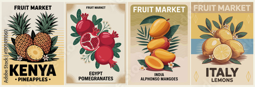 Mid century style fruit market posters featuring pineapple, pomegranate, mangoes, and lemons with bold colors and decorative retro design.