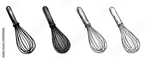 Set of four hand-drawn kitchen whisks in various sketch and line art styles, showcasing different illustration techniques like crosshatching for culinary and baking concepts