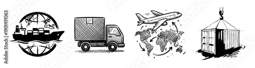 Set of four black hand-drawn logistics icons showing a cargo ship, delivery truck, airplane, and container for global shipping and freight transport concepts