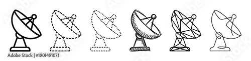 Set of six satellite dish antenna icons in various artistic styles including line art, hand-drawn sketch, dotted outline, and low poly geometric for technology concepts