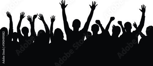 Black silhouettes of people with raised hands crowd