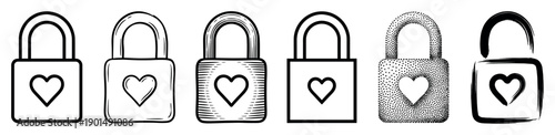 Set of six black and white padlock icons with heart symbols, showcasing various artistic styles like doodle, engraving, stippling, and brush stroke for love and security concepts