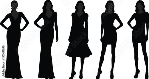 Black silhouettes of women in various dresses and poses fashion
