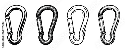 Four hand-drawn carabiner illustrations in different artistic styles, including line art, cross-hatching, doodle, and rough sketch for climbing and outdoor adventure concepts