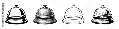 Set of four hotel service bells drawn in different black and white artistic styles, from clean line art and detailed engraving to a loose and grungy hand-drawn sketch