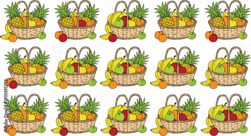 Cartoon fruit baskets with various fruits on white background wicker basket pineapple