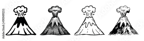 Set of four hand-drawn erupting volcanoes in various doodle styles, including silhouette, outline, and cross-hatching, showing smoke and lava flowing from the crater