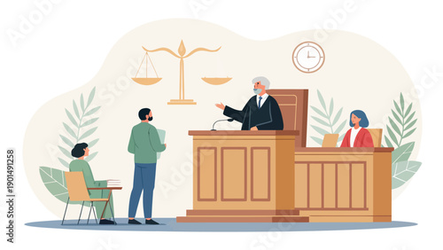 Diverse courtroom scene with judge, lawyers, and jury, depicting a fair and balanced legal trial.
