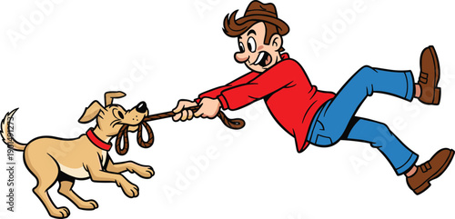 Cartoon man and dog playing tug of war with rope