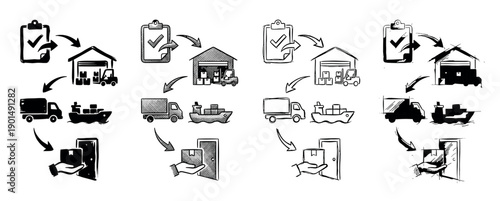 Set of four hand-drawn logistics icons showing the supply chain process from warehouse storage and transportation by truck and ship to final home delivery in various sketch styles